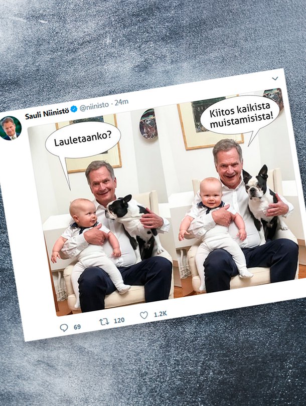 Presidentti Sauli Niinistö julkaisi elokuussa 70-vuotissyntymäpäivänsä kunniaksi yhteiskuvan Twitteriin hänestä ja Aarosta. Mukana myös perheen lemmikkikoira Lennu. Kuva: <span class="photographer">Twitter / @niinisto</span>