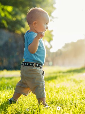 Alussa taapero tarvitsee käsiään tasapainon ylläpitämiseen. Nurmikolla pienet muksahdukset eivät onneksi haittaa! Kuva: <span class="photographer">iStockphoto</span>