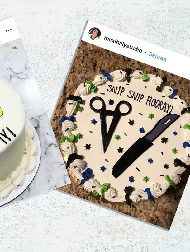 Vasektomiakakun voi koristella lakusta taitelluilla saksilla. Kuva: <span class="photographer">Instagram, Anna Huovinen</span>