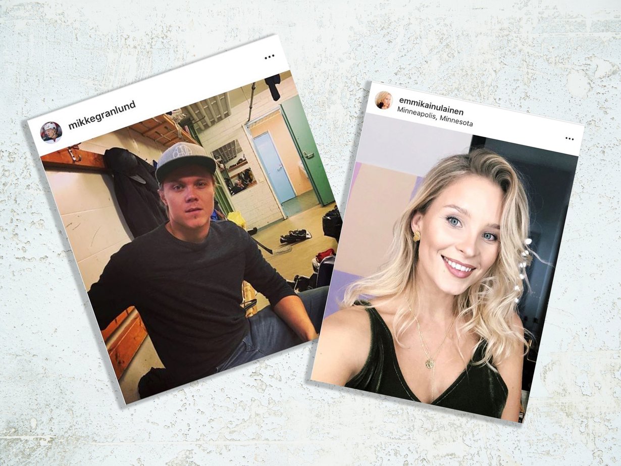 Mikael Granlund ja Emmi Kainulainen tapasivat vuonna 2012, ja ovat olleet yhdessä siitä lähtien. Kuva: iStockphoto ja Instagram