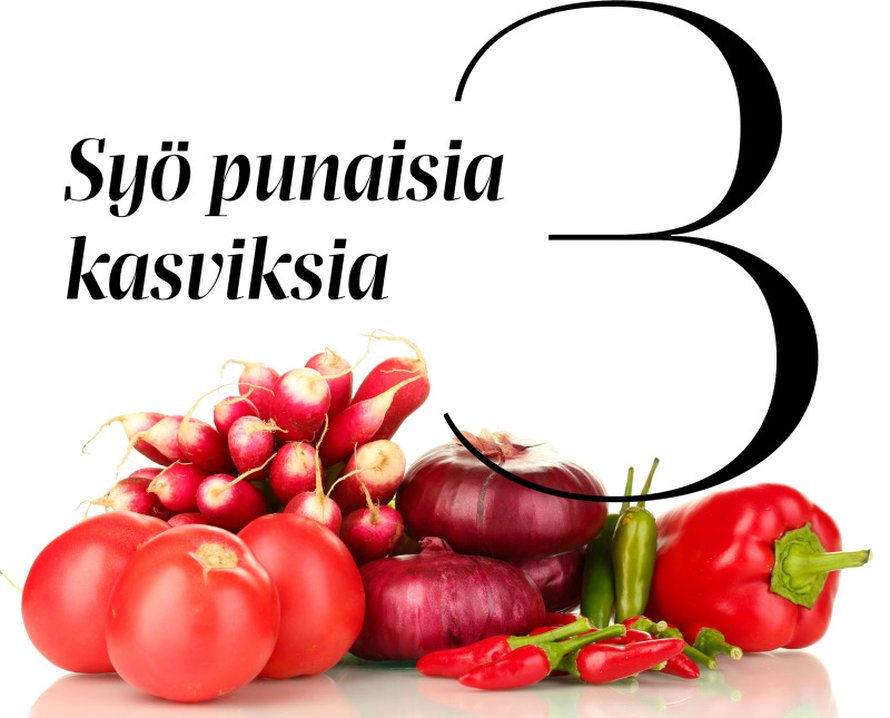 Kasvisten terveelliset yhdisteet ovat samoja, joista ne saavat v&auml;rins&auml;. Etenkin punaiset, oranssit ja kellert&auml;v&auml;t kasvikset sis&auml;lt&auml;v&auml;t paljon immuunij&auml;rjestelm&auml;lle t&auml;rkeit&auml; karotenoideja. Ne tekev&auml;t ihmisess&auml; saman kuin kasveissa: suojaavat soluja.Punaisia kasviksia ei tarvitse sy&ouml;d&auml; raakana, sill&auml; monien yhdisteiden, kuten tomaatin lykopeenin, hyv&auml;ksik&auml;ytett&auml;vyys elimist&ouml;ss&auml; paranee kypsennyksen seurauksena. Lykopeenin on tutkimuksissa todettu suojaavan muun muassa sy&ouml;p&auml;-, syd&auml;n- ja verisuonitaudeilta.Beetakaroteeni v&auml;rj&auml;&auml; porkkanan oranssiksi ja paprikan keltaiseksi. Elimist&ouml; valmistaa beetakaroteenista A-vitamiinia, joka pit&auml;&auml; muun muassa limakalvot kunnossa. Kun limakalvot ovat ehj&auml;t, virusportti elimist&ouml;&ouml;n on kiinni.