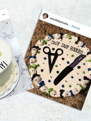 Vasektomiakakun voi koristella lakusta taitelluilla saksilla. Kuva: <span class="photographer">Instagram, Anna Huovinen</span>