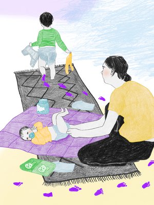 Vaikka ikäero olisi pieni, lasten tarpeet voivat olla ihan erilaiset. Jenny Brandt tunsi pitkään, että hänen pitäisi pystyä jakautumaan kahdeksi riittääkseen sekä vauvalle että taaperolle.  Kuvitus: Jenni Väre