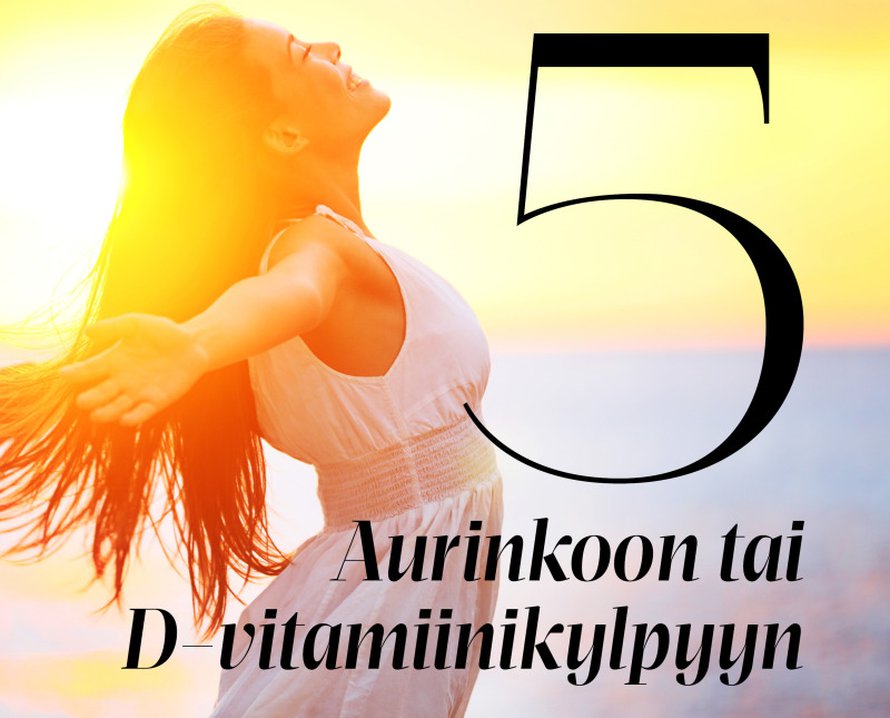 Auringonvalon tuottama D-vitamiini aktivoi kokonaisen armeijan immuunisoluja. Ne muodostavat iholle puolustuslinjan, jonka l&auml;vitse taudinaiheuttajien on paha p&auml;&auml;st&auml;. T&auml;t&auml; puolustuslinjaa ei voi aktivoida sis&auml;isesti otettavilla D-vitamiinivalmisteilla, vaan se vaatii aurinkoa. Viisitoista minuuttia auringossa riitt&auml;&auml;.Mutta kun auringonkehr&auml; vaipuu kaamosasemaan, sen valo ei riit&auml; k&auml;ynnist&auml;m&auml;&auml;n ihon vitamiinituotantoa. D-vitamiinia on kuitenkin saatava. Se edist&auml;&auml; paitsi luuston ja lihasten toimintaa my&ouml;s vahvistaa vastustuskyky&auml;. D-vitamiinilis&auml; onpaikallaan koko kansalle.